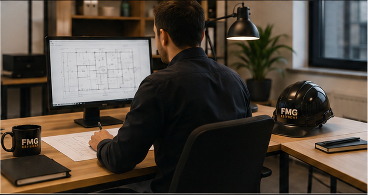 Interlocuteur FMG travaillant sur les plans d’un projet dans un bureau